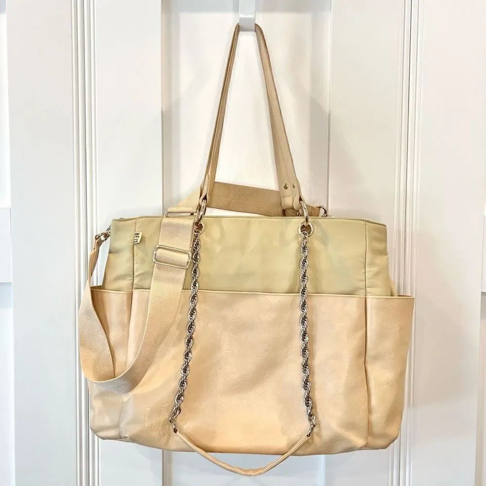 Beis The Baby Bag in Beige Buffalo Trim Vegan Leather 5 Pockets Gold Hardware